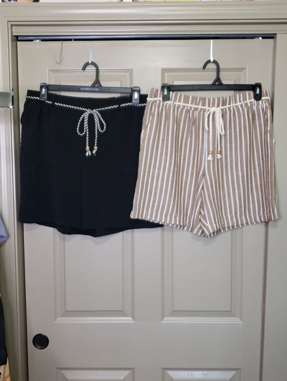 Soho Apparel Black and Beige Striped Pull-On Women’s Shorts with Drawstring